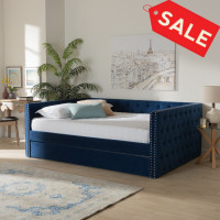 Baxton Studio CF9227-Navy Blue Velvet-Daybed-QT Baxton Studio Larkin Modern and Contemporary Navy Blue Velvet Fabric Upholstered Queen Size Daybed with Trundle